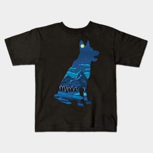 Dog by Night looking at Mountains Kids T-Shirt